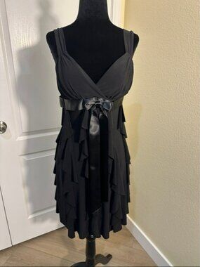 Sexy FeminineLittle Black Ruffled Dress with Satin Waist Tie. Small. By Ynes